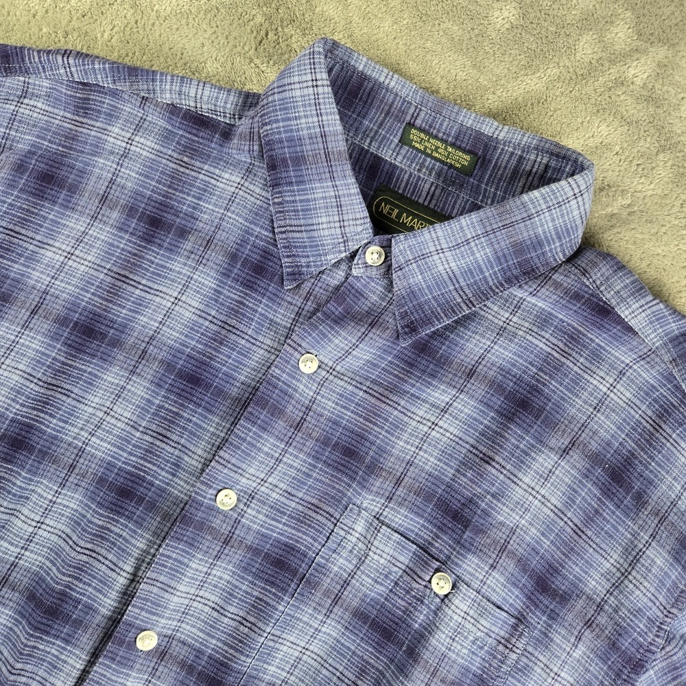 Neil Martin Shirt Men Large Blue Plaid Linen Blend Short Sleeve Coastal Vacation